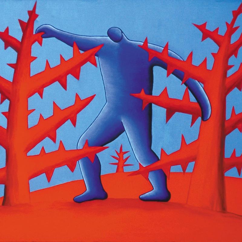 Painting titled "The pain of it all" by artist and cancer patient Michele Angelo Petrone. A blue figure stands trapped, caught between two red prickly cacti.