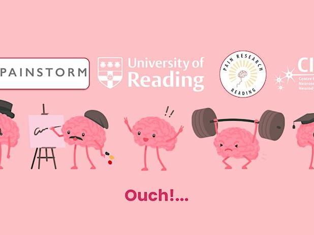 Pink banner showing cartoon brains with legs and arms doing different activities - drinking tea, painting, raising their airms, lifting weights, and reading - and the logos of event partners.
