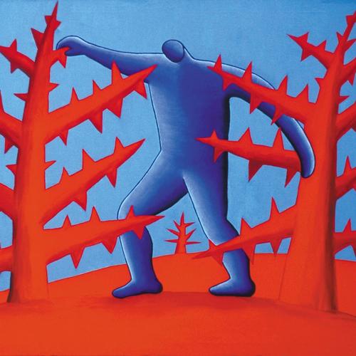 Painting titled "The pain of it all" by artist and cancer patient Michele Angelo Petrone. A blue figure stands trapped, caught between two red prickly cacti.
