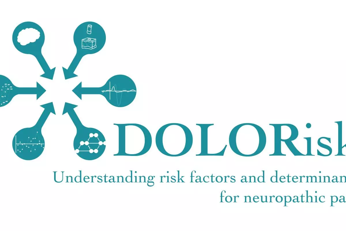 DOLORisk logo: 6 bubbles in a circle with arrows pointing towards the centre, next to text "DOLORisk: Understanding risk factors and determinants for neuropathic pain", in dark teal blue